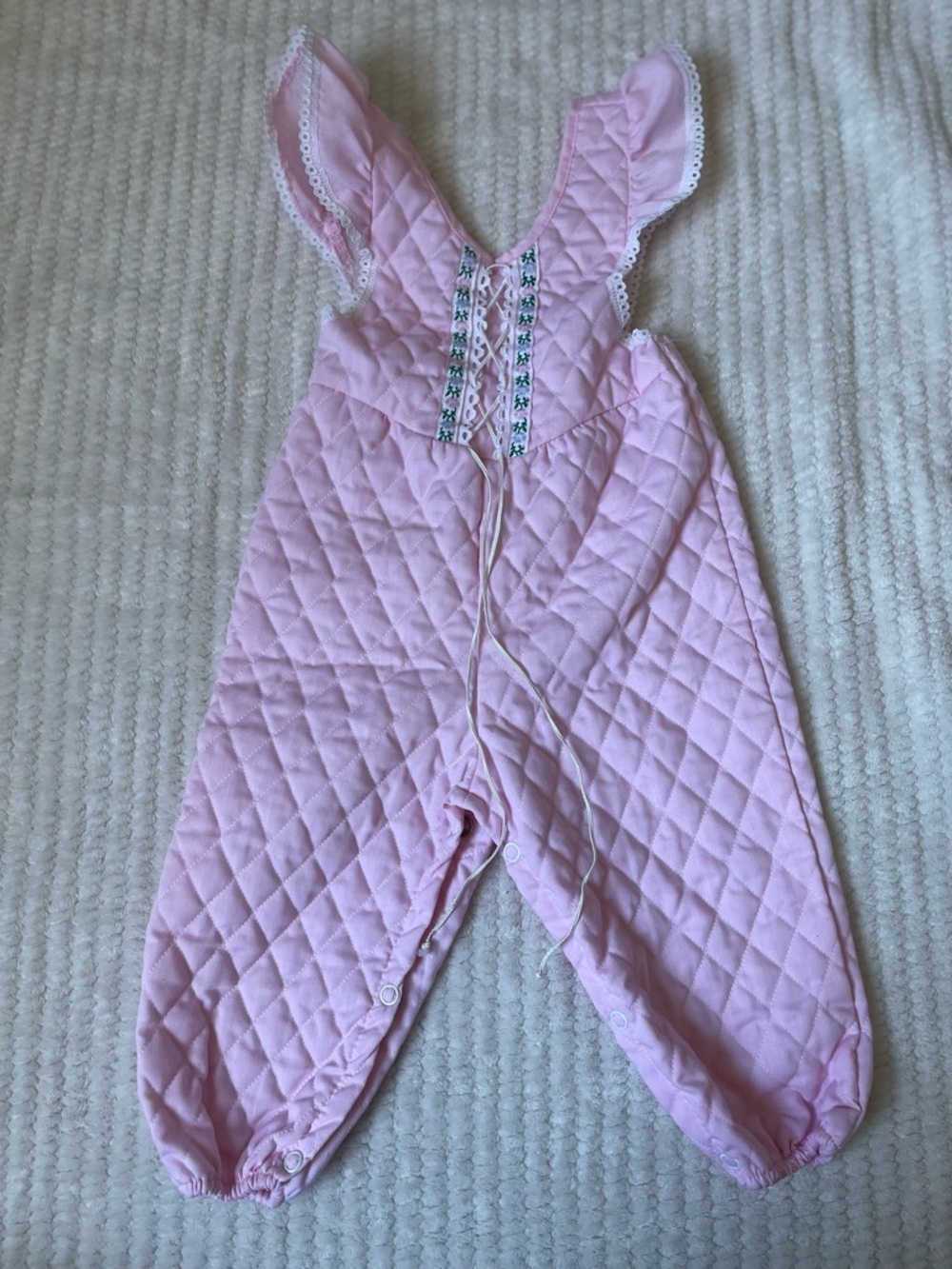 Vintage baby Pink Quilted Baby One-Piece jumpsuit with Ruffle‎ Shoulders